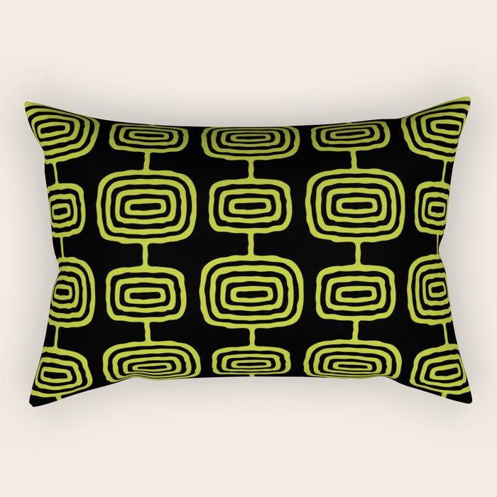 Mid Century Modern Atomic Rings Pattern Black and Chartreuse Rectangular Pillow Gallery Image 2