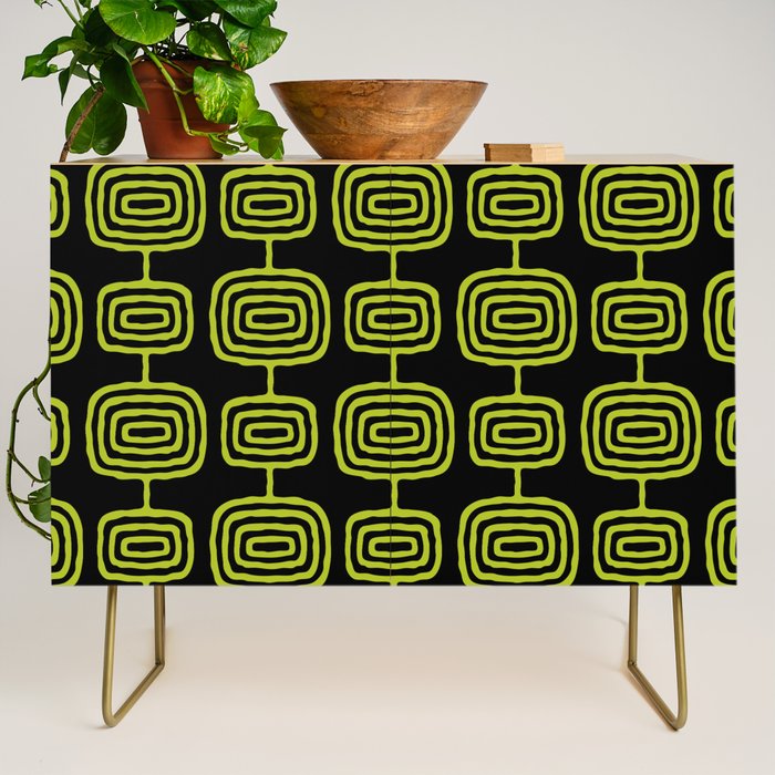 Mid Century Modern Atomic Rings Pattern Black and Chartreuse Credenza Gallery Image 1
