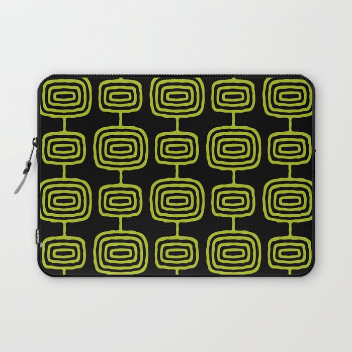 Mid Century Modern Atomic Rings Pattern Black and Chartreuse Laptop Sleeve Gallery Image 1