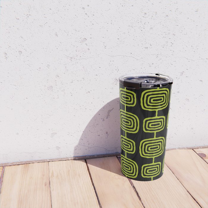 Mid Century Modern Atomic Rings Pattern Black and Chartreuse Travel Mug Gallery Image 4