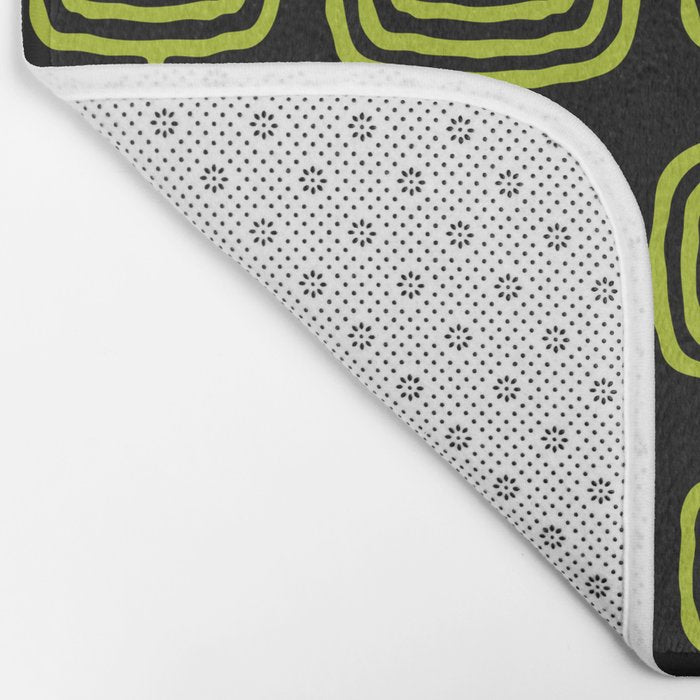 Mid Century Modern Atomic Rings Pattern Black and Chartreuse Bath Mat Gallery Image 2