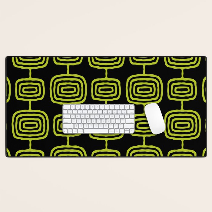 Mid Century Modern Atomic Rings Pattern Black and Chartreuse Desk Mat Gallery Image 1