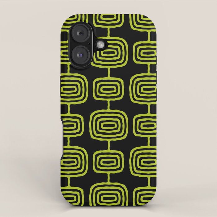 Mid Century Modern Atomic Rings Pattern Black and Chartreuse iPhone Case Gallery Image 1