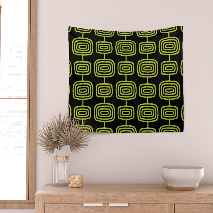 Mid Century Modern Atomic Rings Pattern Black and Chartreuse Wall Tapestry Gallery Image 2