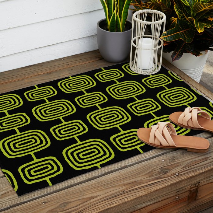 Mid Century Modern Atomic Rings Pattern Black and Chartreuse Outdoor Rug Gallery Image 2