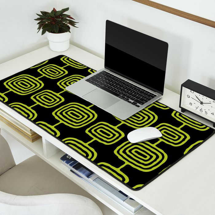 Mid Century Modern Atomic Rings Pattern Black and Chartreuse Desk Mat Gallery Image 2