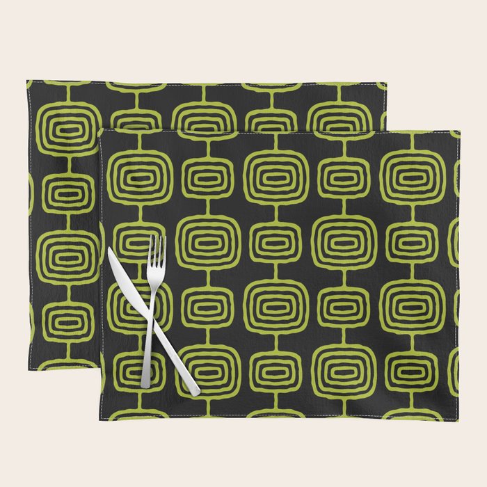 Mid Century Modern Atomic Rings Pattern Black and Chartreuse Placemat Gallery Image 1
