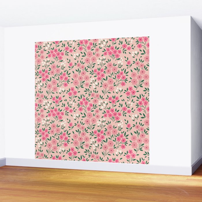 Blush Pink Ditsy Floral Pattern Wall Mural Gallery Image 2