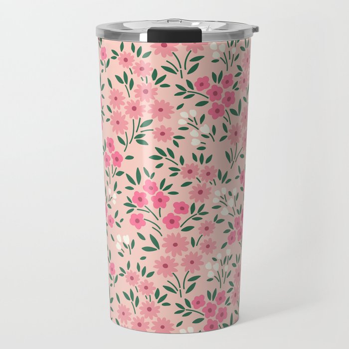Blush Pink Ditsy Floral Pattern Travel Mug Gallery Image 1