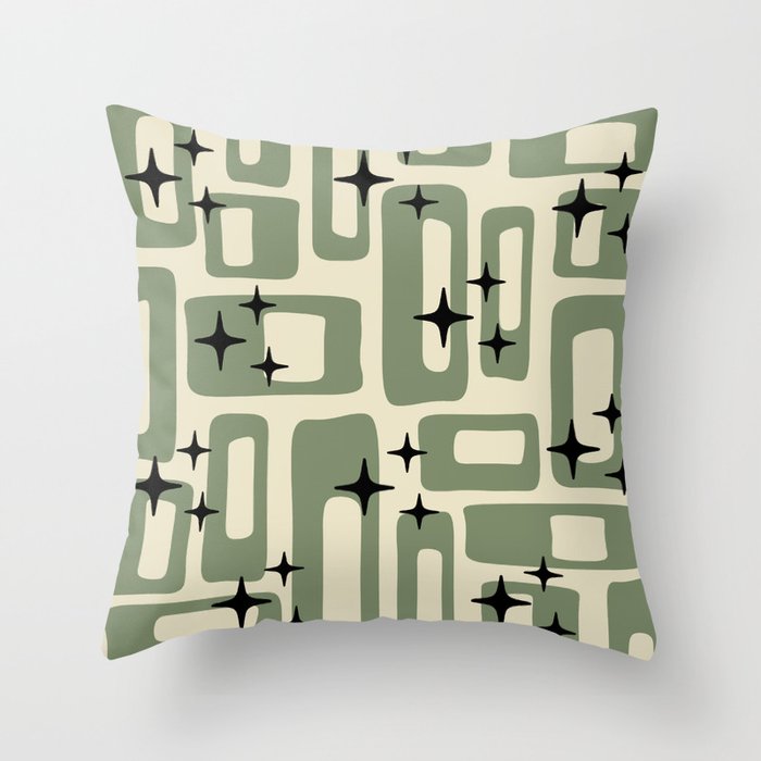 Retro Mid Century Modern Abstract Pattern 352 Black Sage Green and Beige Throw Pillow Gallery Image 1