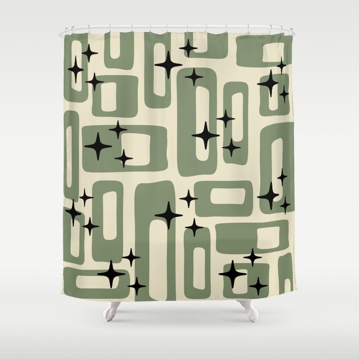 Retro Mid Century Modern Abstract Pattern 352 Black Sage Green and Beige Shower Curtain Gallery Image 1