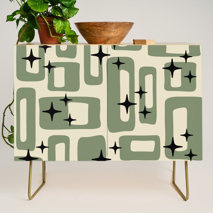 Retro Mid Century Modern Abstract Pattern 352 Black Sage Green and Beige Credenza Gallery Image 1