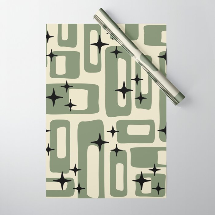 Retro Mid Century Modern Abstract Pattern 352 Black Sage Green and Beige Wrapping Paper Gallery Image 1