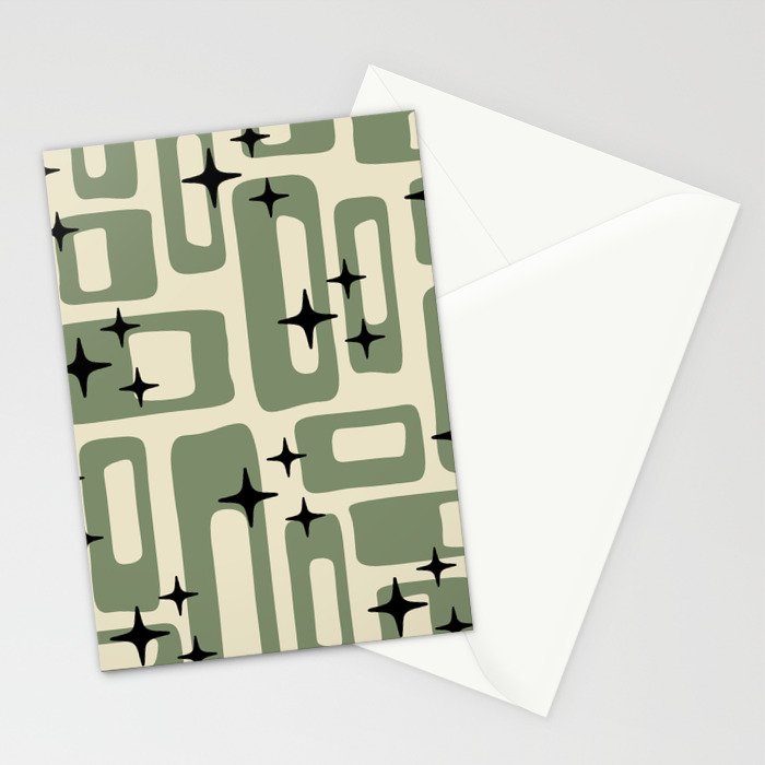 Retro Mid Century Modern Abstract Pattern 352 Black Sage Green and Beige Stationery Card Gallery Image 2