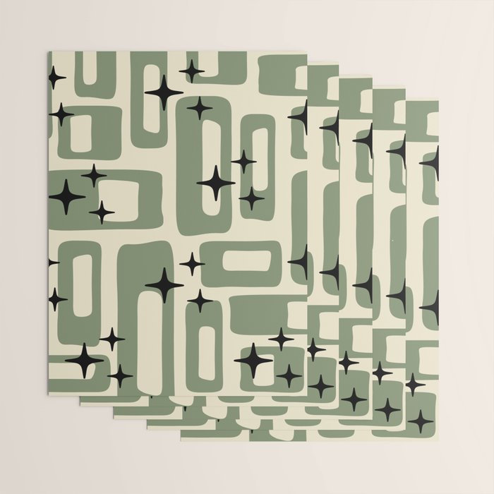 Retro Mid Century Modern Abstract Pattern 352 Black Sage Green and Beige Wrapping Paper Gallery Image 3