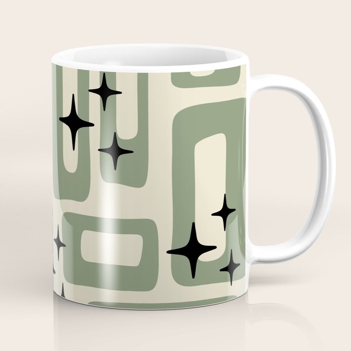 Retro Mid Century Modern Abstract Pattern 352 Black Sage Green and Beige Coffee Mug Gallery Image 1