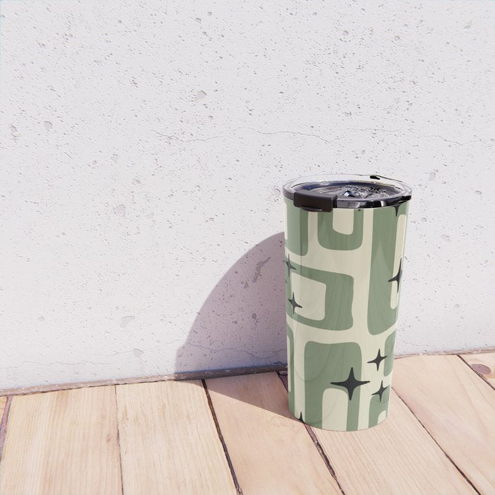 Retro Mid Century Modern Abstract Pattern 352 Black Sage Green and Beige Travel Mug Gallery Image 4