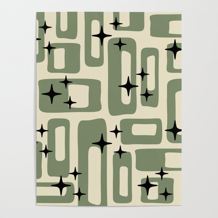 Retro Mid Century Modern Abstract Pattern 352 Black Sage Green and Beige Poster Gallery Image 4