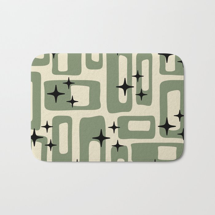 Retro Mid Century Modern Abstract Pattern 352 Black Sage Green and Beige Bath Mat Gallery Image 1