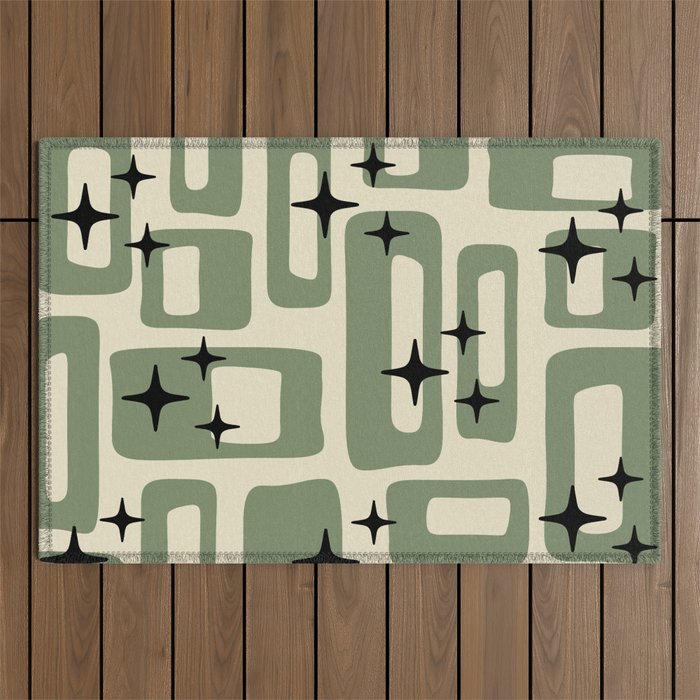 Retro Mid Century Modern Abstract Pattern 352 Black Sage Green and Beige Outdoor Rug Gallery Image 1