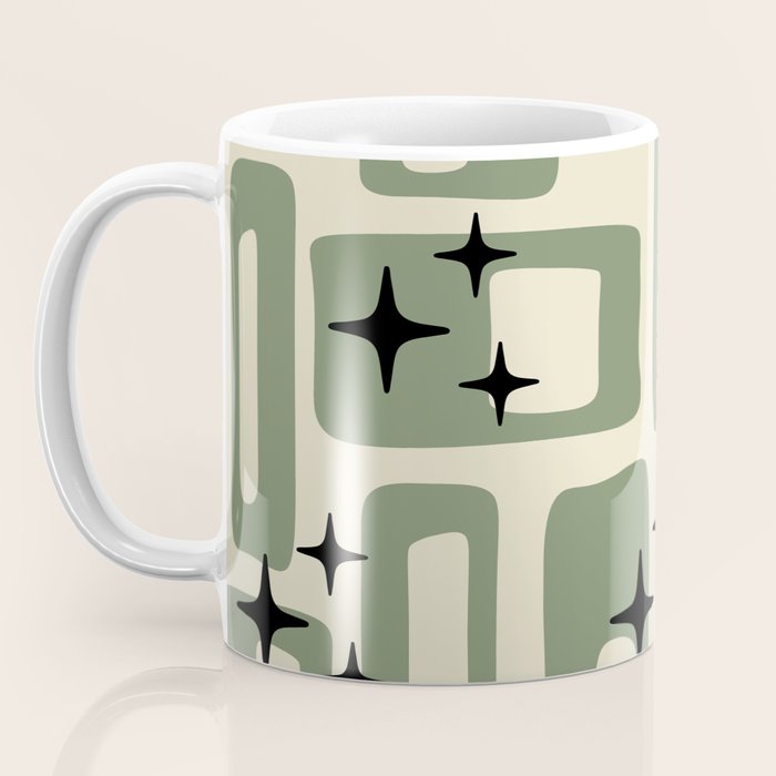 Retro Mid Century Modern Abstract Pattern 352 Black Sage Green and Beige Coffee Mug Gallery Image 3