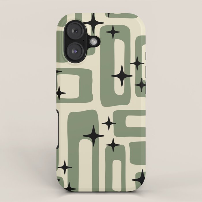 Retro Mid Century Modern Abstract Pattern 352 Black Sage Green and Beige iPhone Case Gallery Image 1