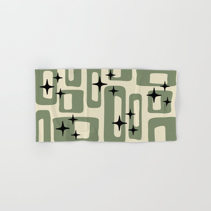 Retro Mid Century Modern Abstract Pattern 352 Black Sage Green and Beige Bath Towel Gallery Image 1