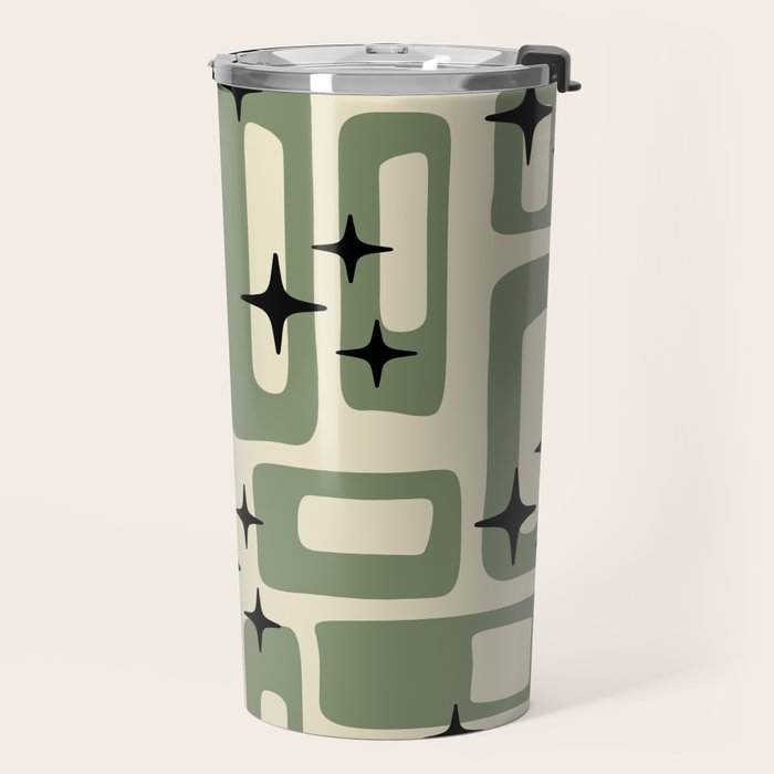 Retro Mid Century Modern Abstract Pattern 352 Black Sage Green and Beige Travel Mug Gallery Image 2