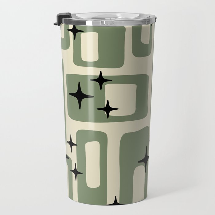 Retro Mid Century Modern Abstract Pattern 352 Black Sage Green and Beige Travel Mug Gallery Image 3