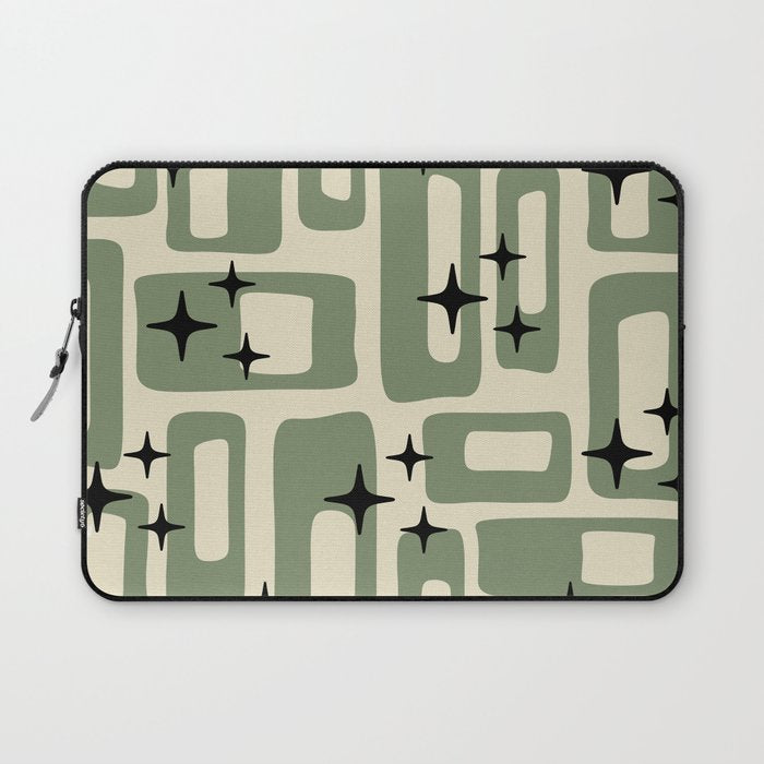 Retro Mid Century Modern Abstract Pattern 352 Black Sage Green and Beige Laptop Sleeve Gallery Image 1