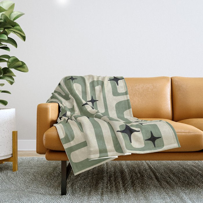 Retro Mid Century Modern Abstract Pattern 352 Black Sage Green and Beige Throw Blanket Gallery Image 1