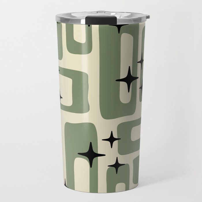 Retro Mid Century Modern Abstract Pattern 352 Black Sage Green and Beige Travel Mug Gallery Image 1