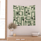 Retro Mid Century Modern Abstract Pattern 352 Black Sage Green and Beige Wall Tapestry Gallery Image 2