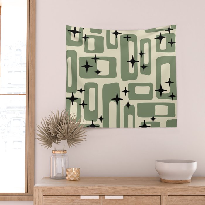 Retro Mid Century Modern Abstract Pattern 352 Black Sage Green and Beige Wall Tapestry Gallery Image 2