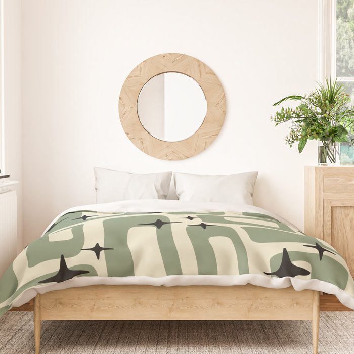 Retro Mid Century Modern Abstract Pattern 352 Black Sage Green and Beige Duvet Cover Gallery Image 3