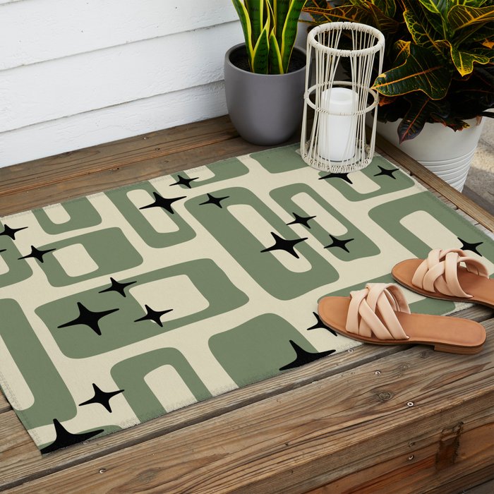 Retro Mid Century Modern Abstract Pattern 352 Black Sage Green and Beige Outdoor Rug Gallery Image 2