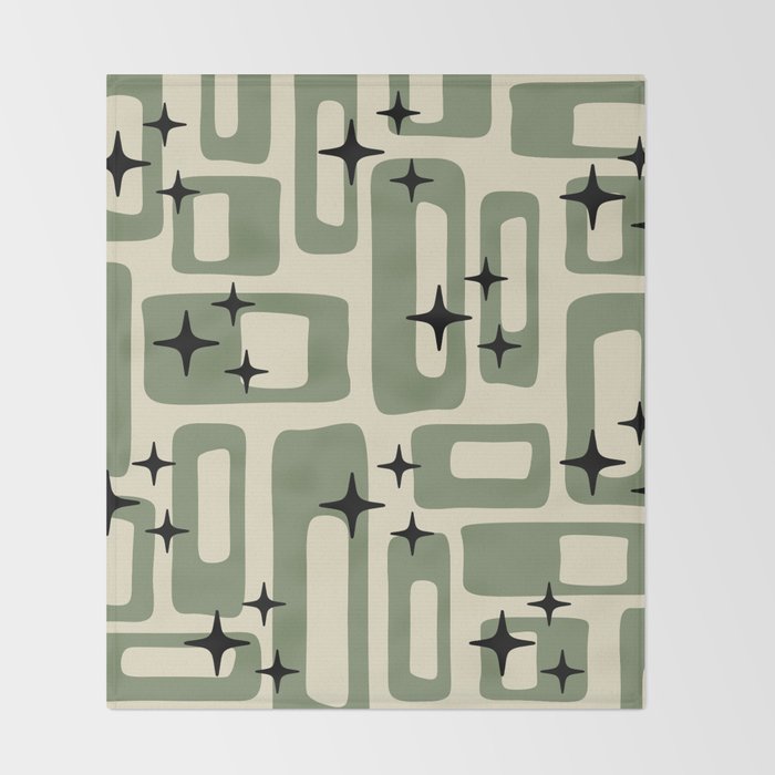 Retro Mid Century Modern Abstract Pattern 352 Black Sage Green and Beige Throw Blanket Gallery Image 2