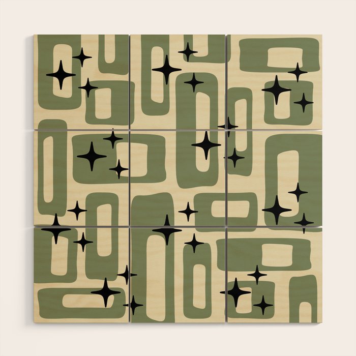 Retro Mid Century Modern Abstract Pattern 352 Black Sage Green and Beige Wood Wall Art Gallery Image 1