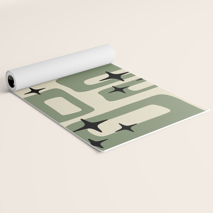 Retro Mid Century Modern Abstract Pattern 352 Black Sage Green and Beige Yoga Mat Gallery Image 2