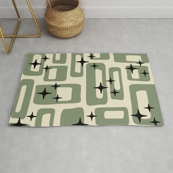 Retro Mid Century Modern Abstract Pattern 352 Black Sage Green and Beige Rug Gallery Image 1