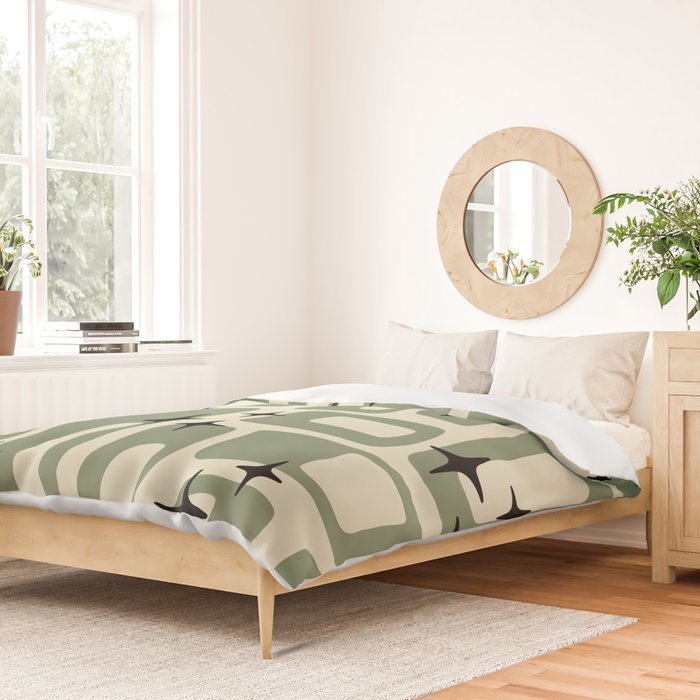 Retro Mid Century Modern Abstract Pattern 352 Black Sage Green and Beige Duvet Cover Gallery Image 2