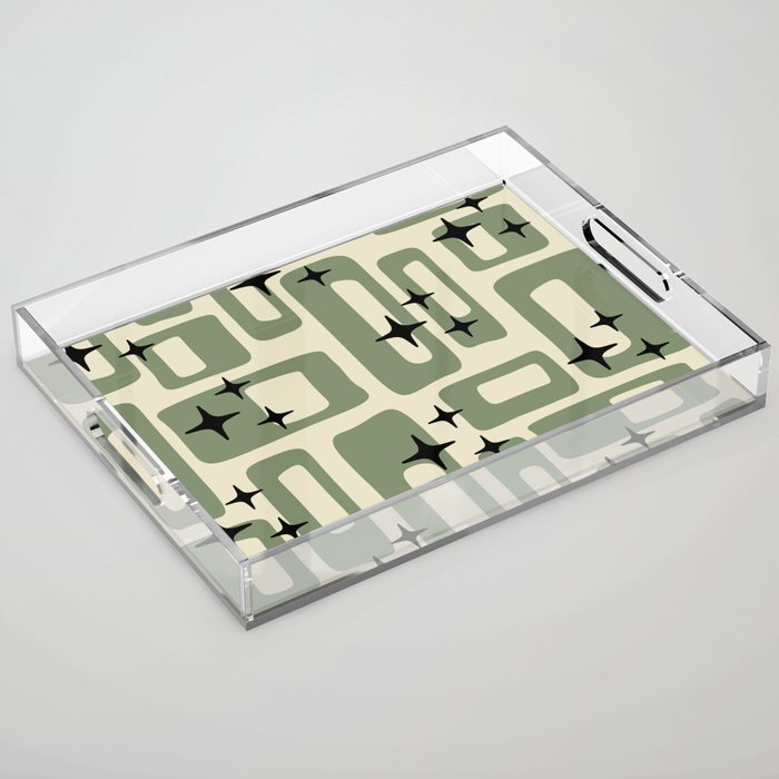 Retro Mid Century Modern Abstract Pattern 352 Black Sage Green and Beige Acrylic Tray Gallery Image 1