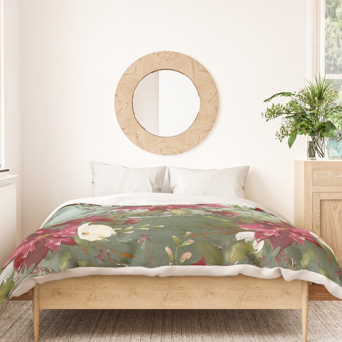 Watercolor botanical green burgundy ivory christmas floral Duvet Cover Gallery Image 3