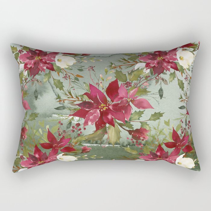 Watercolor botanical green burgundy ivory christmas floral Rectangular Pillow Gallery Image 1