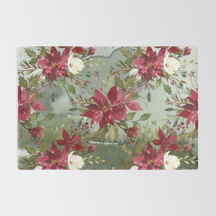 Watercolor botanical green burgundy ivory christmas floral Rug Gallery Image 2