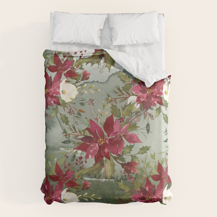 Watercolor botanical green burgundy ivory christmas floral Duvet Cover Gallery Image 6