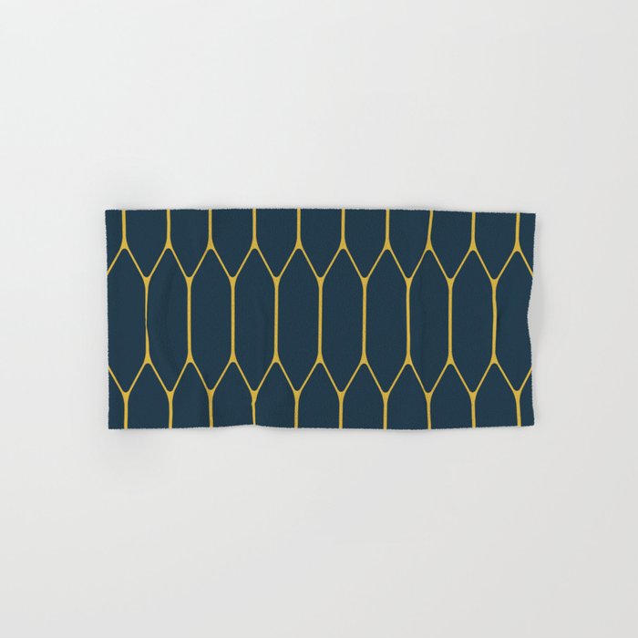Long Honeycomb Minimalist Geometric Pattern in Light Mustard and Navy Blue Bath Towel Gallery Image 1