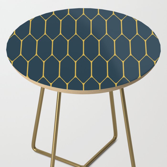 Long Honeycomb Minimalist Geometric Pattern in Light Mustard and Navy Blue Side Table Gallery Image 2