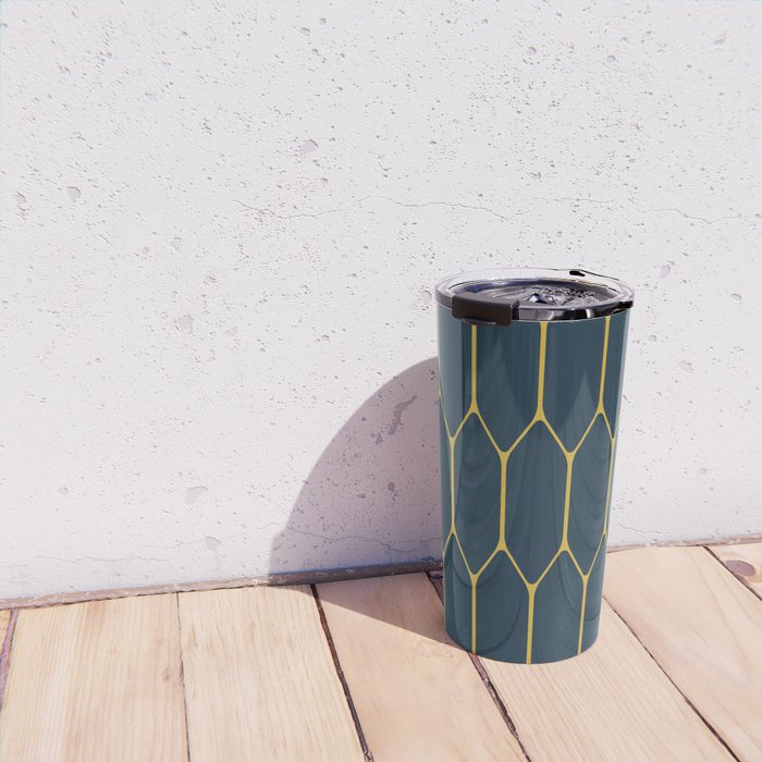 Long Honeycomb Minimalist Geometric Pattern in Light Mustard and Navy Blue Travel Mug Gallery Image 4
