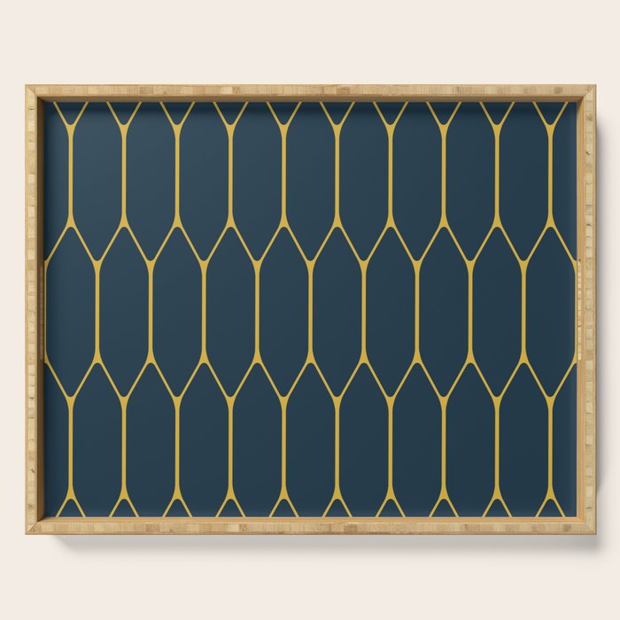Long Honeycomb Minimalist Geometric Pattern in Light Mustard and Navy Blue Serving Tray Gallery Image 1